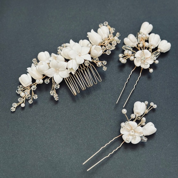 Floral Bridal Headpiece with Porcelain Flowers Set Gold Wedding Vine Hair Comb - Picture 2 of 4